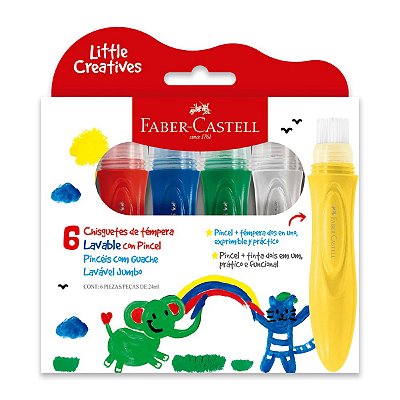 Tinta Guache Faber Castell Pincel Jumbo Vassorinha Little Creatives 6 Cores 24ml Cada Ref: 164004