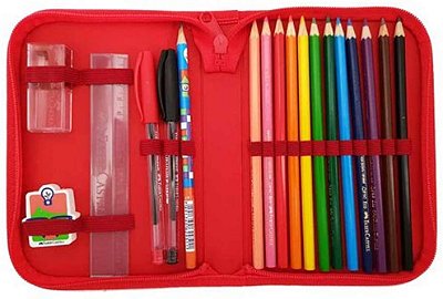 Estojo Escolar Kit com 18 unidades (12 Lápis de Cor + 2 Canetas Esferográficas + 1 Borracha + 1 Apontador com Depósito + 1 Régua + 1 Lápis Preto) Faber Castell Ref: 182216