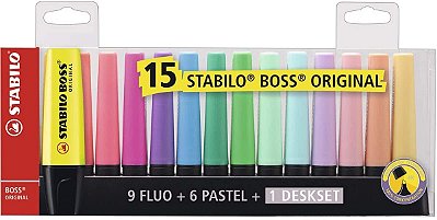 Marca Texto Stabilo Boss Original 15 Cores (9 Tons Neon, 6 Tons Pastel E 1 Deskset) Ref: 7015-01-5