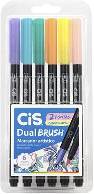 Caneta Marcador Artístico Dual Brush 2 Pontas 6 Cores Tons Pastéis Cis