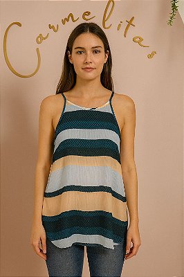 Blusa Feminina Lore Alças Listrada Azul Marinho Rosa Bege Viscose Zíper G Casual Verão