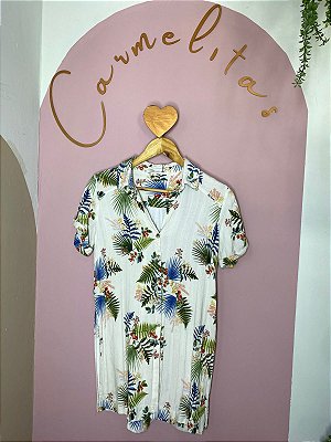 Camisa Chemise Dress To P Linho Algodão Alongada Tropical Estampada Folhas Floral Branco Verão Praia