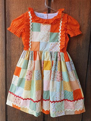 Vestido festa junina saia patchwork laranja