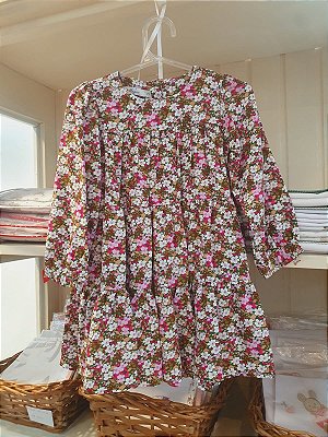 Vestido manga longa viscose floral rosa