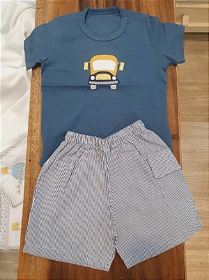 Conjunto camiseta e bermuda ônibus azul jeans