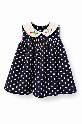 Vestido bolinhas marinho com bordado tulipa