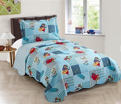 Colcha Matelasse Solteiro Infantil Patchwork Monstros New Camesa 160x230cm