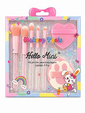 KIT DE PINCEIS+ ESPONJAS DE PÓ MAKEUP TOOLS HELLO MINI 7 PÇS