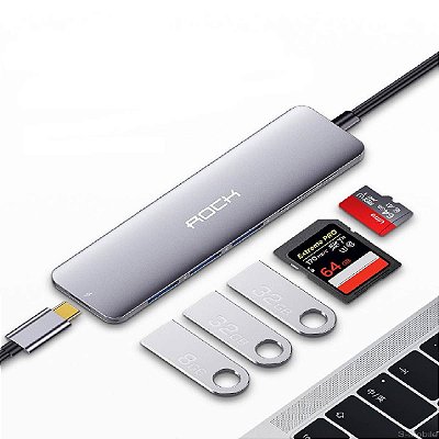 Adaptador Tipo C 3 USB Leitor De Cartão Para Micro SD E TF Usb 6 em 1 Rock 87W PD