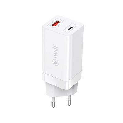 Adaptador De Parede C/ 1 Saída USB e 1 Saída  USB-C- Gan Branco Iwill