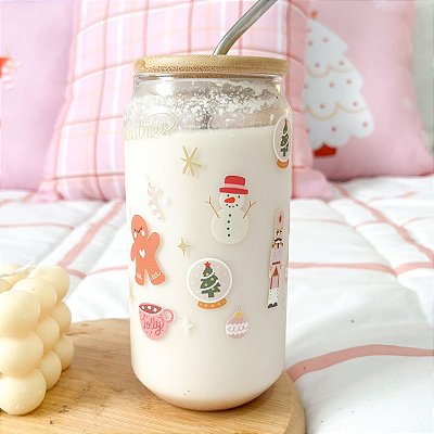 Copo Natalino Vidro com tampa e canudo