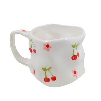 Caneca Cerâmica "Amassadinha" Cereja e Flor