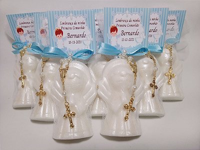 Lembrancinha Tema Primeira Comunhão Personalizada: Sabonete Anjinho com Mini Terço