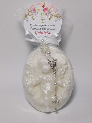 Lembrancinha Tema Primeira Comunhão Personalizada: Sabonete Anjo com Mini Terço