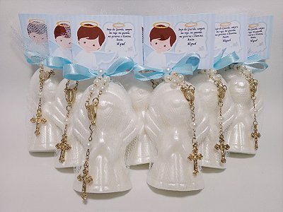 Lembrancinha Tema Nascimento Menino: Sabonete Anjinho com Mini Terço