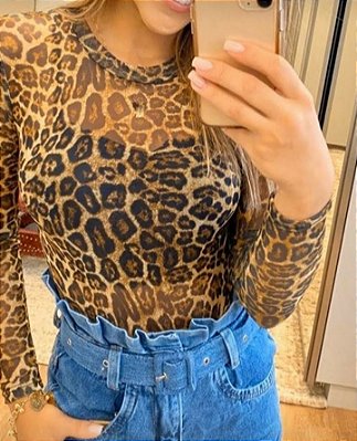 Body de Tule Animal Print Oncinha Tamanho Único Tule com transparência e elastano