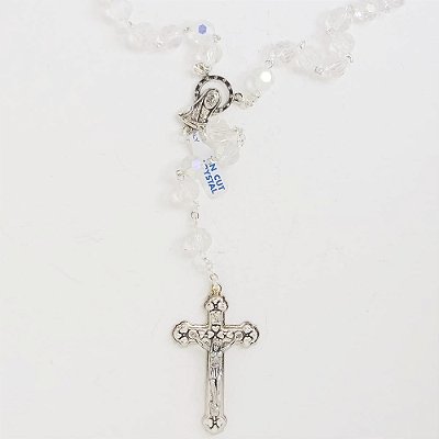 Terço Cristal Branco Madona 10mm