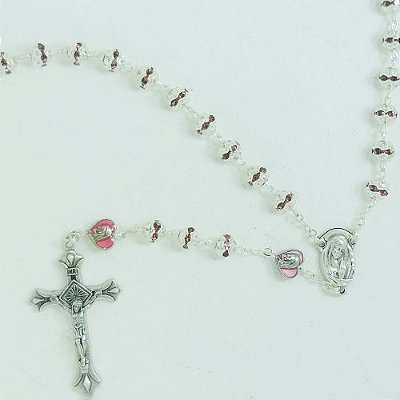 Terço Coração Cristal Metalizado Rosa 6mm