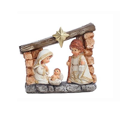 Presépio Sagrada Família Infantil com Cabana 15 CM Branco e Dourado