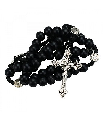 Terço Madeira Contas Preta 1 CM Enfeite São Bento 44 CM