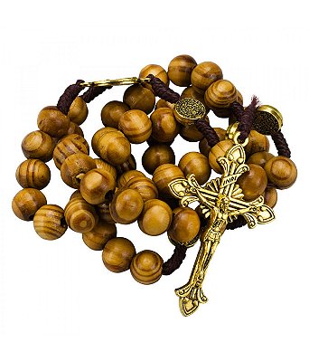 Terço Madeira Contas Marrom 1 CM Enfeite São Bento 44 CM