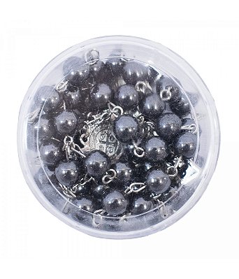 Terço Corrente Prateada Contas 1 CM Pretas Acinzentada Enfeite São Bento 48 CM