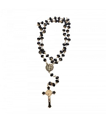 Terço Corrente Dourada Contas Pretas Enfeite São Bento 48 CM