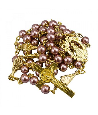 Terço Corrente Dourada Contas Lilás 0.6 CM Enfeite Nossa Senhora Aparecida 55 CM