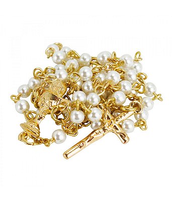 Terço Corrente Dourada Contas Brancas 40 CM