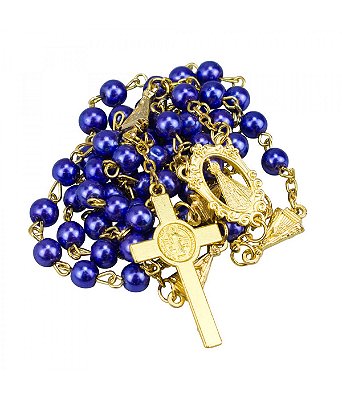 Terço Corrente Dourada Contas Azul 0.6 CM Enfeite Nossa Senhora Aparecida 55 CM