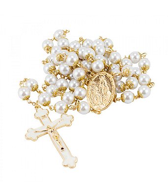 Terço Corrente Dourada Contas 1 CM Brancas Enfeite Nossa Senhora das Graças 57 CM