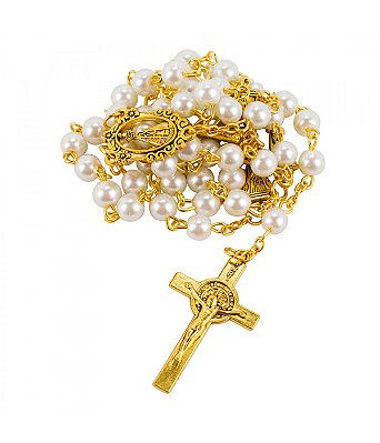 Terço Corrente Dourada Contas 0.5 CM Brancas Enfeite Nossa Senhora Aparecida 52 CM