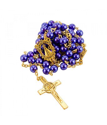 Terço Corrente Dourada Contas 0.5 CM Azuis Enfeite Nossa Senhora Aparecida 52 CM