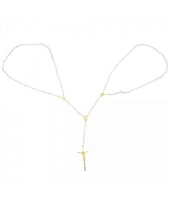 Terço Casamento Contas Perolas Cruz Dourada 83 CM