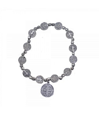 Pulseira Terço Prateada Medalhão Sâo Bento 6 CM