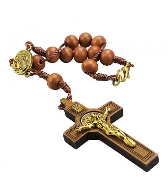 Pulseira Terço Madeira Marrom Medalhão Sâo Bento 18 CM
