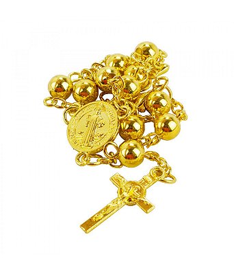 Pulseira Terço Dourado Contas 0.7 CM Medalhão São Bento Crucifixo 9 CM