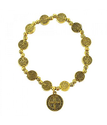 Pulseira Terço Dourada Medalhão Sâo Bento 6 CM