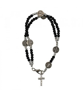 Pulseira Terço Contas Pretas 0.5 CM com Medalha de São Bento Crucifixo 7.5 CM