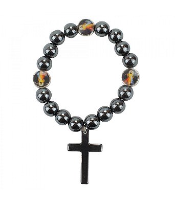 Pulseira Terço Contas Preta Jesus Misericordioso 6 CM