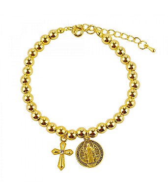 Pulseira Terço Contas Douradas 0.7 CM Medalhão São Bento Crucifixo 6 CM