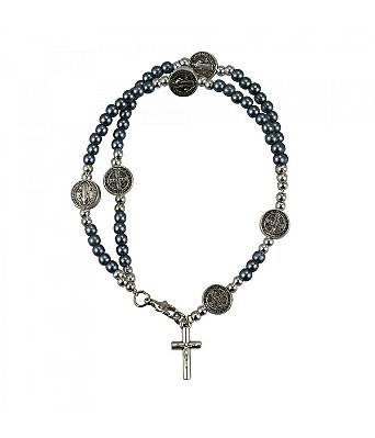 Pulseira Terço Contas Cinzas 0.5 CM Crucifixo 7.5 CM