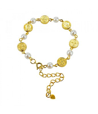Pulseira Terço Contas Brancas 0.7 CM Medalhão São Bento Dourado 7 CM