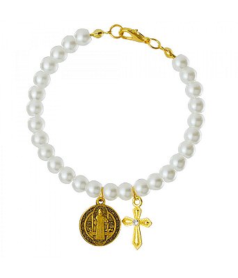 Pulseira Terço Contas Brancas 0.7 CM Medalhão São Bento Crucifixo 6 CM