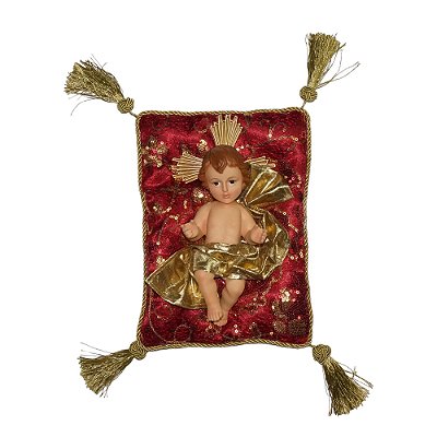 Menino Jesus 25 CM com Almofada Vermelha e Dourada