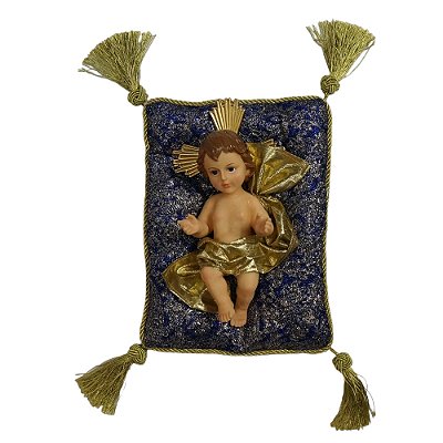 Menino Jesus 25 CM com Almofada Azul e Dourada