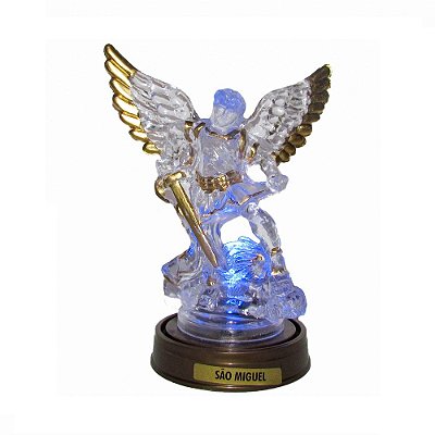 São Miguel Acrílico - Led Azul E Base Ouro Velho 13 CM