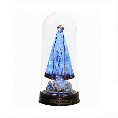 Nossa Senhora Aparecida Acrílico - Led Azul E Redoma com Base Ouro Velho 13 CM