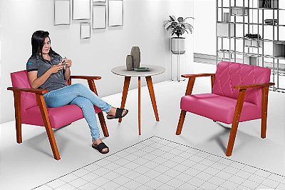 Conjunto 2 Poltronas em Courino Rosa Pink Com Mesinha Gelo Opcional