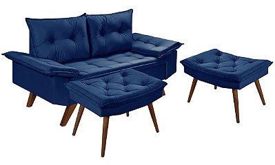 Sofá Dois Lugares Azul Marinho Bariloche Com Duas Banquetas Rubi em Suede